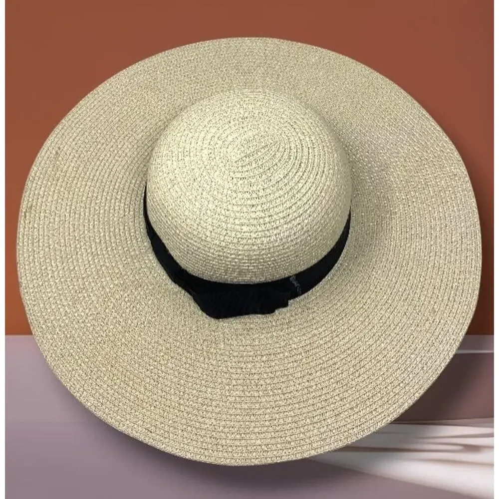Debra Weitzner Sz M Wide Brim Sun Hat Natural Woven Straw Black Ribbon Band